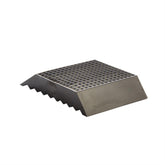 A square metal grate featuring a grid design, typically used for airflow or water drainage.